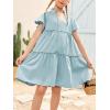 imagePiePieBuy Girls Casual Short Sleeve Tiered Dresses V Neck Tie Neck Pleated Loose Ruffle Swing Midi Dress Blue