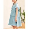 imagePiePieBuy Girls Casual Short Sleeve Tiered Dresses V Neck Tie Neck Pleated Loose Ruffle Swing Midi Dress Blue
