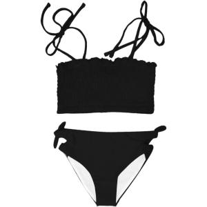 imageGirls 2Piece Swimsuit Strap Lace Up Solid Beach Sport Bikini Set Crop Flounce High Waist Bathing Suit Black