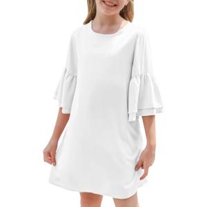 imagePiePieBuy Girls Bell Sleeve Sweet Cute Mini Dress Chiffon Swing Solid Crewneck Casual Dresses White