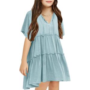 imagePiePieBuy Girls Casual Short Sleeve Tiered Dresses V Neck Tie Neck Pleated Loose Ruffle Swing Midi Dress Blue