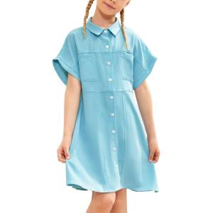 imagePiePieBuy Girls Short Sleeve Polo Collar Button Closure Dress Elastic Waist Midi Dress with Pockets