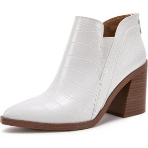 imagePiePieBuy Ankle Boots for Women Pointed Toe Ankle Booties Stacked Heel V Cut Back Zipper Chelsea BootiesWhite