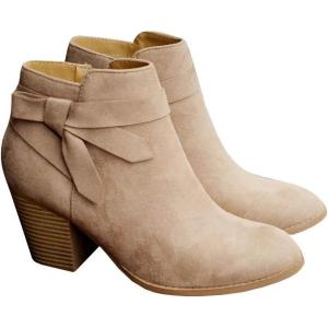 imagePiePieBuy Womens Tie Knot Chelsea Pump Ankle Boots Closed Toe Stacked Heel Booties ShoesBeige