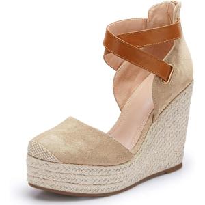 imagePiePieBuy Womens Wedge Espadrille Ankle Strap Closed Cap Toe Platform Heeled SandalsBeige
