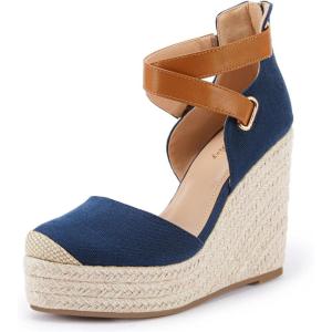 imagePiePieBuy Womens Wedge Espadrille Ankle Strap Closed Cap Toe Platform Heeled SandalsNavy