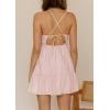 imageWomens V Neck Crisscross Backless Dresses Tie Back Sleeveless Ruffle Hem Flowy Swing ALine Vintage Summer Mini DressPink