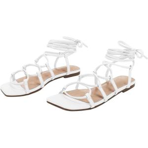 imagePiePieBuy Womens Lace up Square Toes Flat Sandals with Ankle Strap Summer CrissCross Gladiator Shoes1white