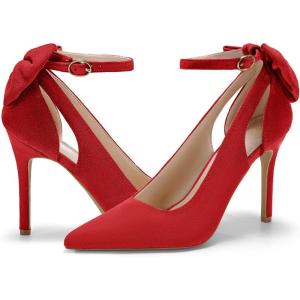 imagePiePieBuy Womens Pointed Toe High Heels Ankle Strap DOrsay Pumps Shoes Bow Wedding Bowtie Back Dress SandalsRed
