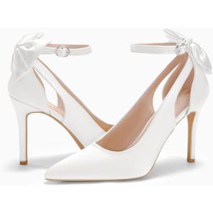 imagePiePieBuy Womens Pointed Toe High Heels Ankle Strap DOrsay Pumps Shoes Bow Wedding Bowtie Back Dress SandalsWhite