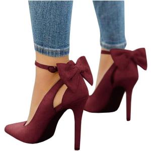 imagePiePieBuy Womens Pointed Toe High Heels Ankle Strap DOrsay Pumps Shoes Bow Wedding Bowtie Back Dress SandalsWine Red