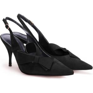 imagePiePieBuy Womens Pointed Toe Slingback Pumps Mid Heel Bow Stilettos Sandals Faux Suede Wedding Party Dress ShoesBlack