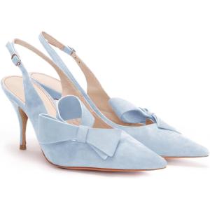imagePiePieBuy Womens Pointed Toe Slingback Pumps Mid Heel Bow Stilettos Sandals Faux Suede Wedding Party Dress ShoesBlue
