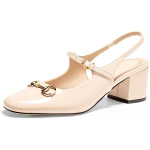 imagePiePieBuy Womens Slingback Chunky Heels Mary Jane Shoes Slip On Buckle Strap Dress Shoes Closed Round Toe PumpsBeige