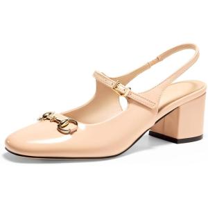 imagePiePieBuy Womens Slingback Chunky Heels Mary Jane Shoes Slip On Buckle Strap Dress Shoes Closed Round Toe PumpsKhaki