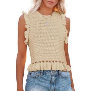 imagePiePieBuy Womens Summer Knit Tank Tops Crew Neck Sleeveless Cami Shirts Tees Ruffle Sweater VestBeige