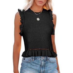 imagePiePieBuy Womens Summer Knit Tank Tops Crew Neck Sleeveless Cami Shirts Tees Ruffle Sweater VestBlack
