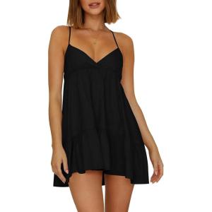 imageWomens V Neck Crisscross Backless Dresses Tie Back Sleeveless Ruffle Hem Flowy Swing ALine Vintage Summer Mini DressBlack