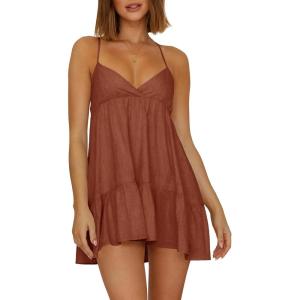 imageWomens V Neck Crisscross Backless Dresses Tie Back Sleeveless Ruffle Hem Flowy Swing ALine Vintage Summer Mini DressBrick Red