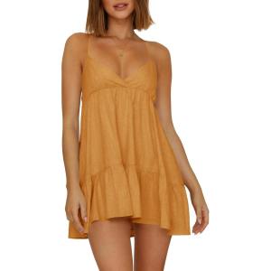imageWomens V Neck Crisscross Backless Dresses Tie Back Sleeveless Ruffle Hem Flowy Swing ALine Vintage Summer Mini DressOrange