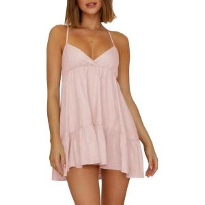 imageWomens V Neck Crisscross Backless Dresses Tie Back Sleeveless Ruffle Hem Flowy Swing ALine Vintage Summer Mini DressPink