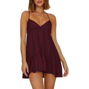 imageWomens V Neck Crisscross Backless Dresses Tie Back Sleeveless Ruffle Hem Flowy Swing ALine Vintage Summer Mini DressRed