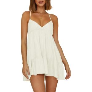 imageWomens V Neck Crisscross Backless Dresses Tie Back Sleeveless Ruffle Hem Flowy Swing ALine Vintage Summer Mini DressWhite