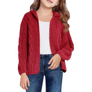 imagePiePieBuy Girls Kids Hooded Open Front Cardigan Long Sleeve Cable Knit Sweater Autumn Winter Hoodie Coat