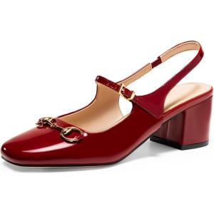 imagePiePieBuy Womens Slingback Chunky Heels Mary Jane Shoes Slip On Buckle Strap Dress Shoes Closed Round Toe PumpsBurgundy