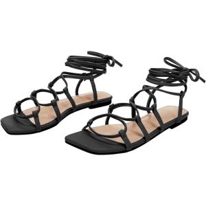 imagePiePieBuy Womens Lace up Square Toes Flat Sandals with Ankle Strap Summer CrissCross Gladiator Shoes1snake Print