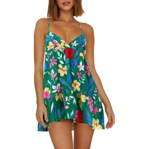 image:imageWomens V Neck Crisscross Backless Dresses Tie Back Sleeveless Ruffle Hem Flowy Swing ALine Vintage Summer Mini DressGreen1