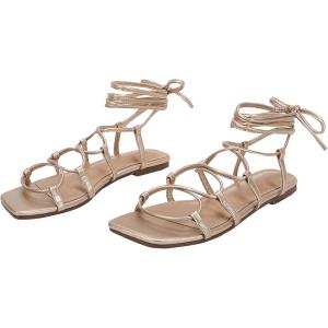 image:imagePiePieBuy Womens Lace up Strappy Sandals CrissCross Flat Gladiator Sandals Ankle Strap Square Toes Summer ShoesGold