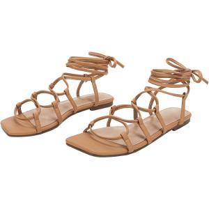 image:imagePiePieBuy Womens Lace up Strappy Sandals CrissCross Flat Gladiator Sandals Ankle Strap Square Toes Summer ShoesLight Brown